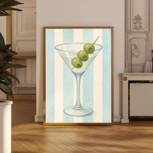 Retro Martini Wall Art Print – Wystrój baru nadmorskiego z lat 60. – Niebieskie paski akwarelowe plakat koktajlowy – Do pobrania w wersji cyfrowej – Wydruk cyfrowy