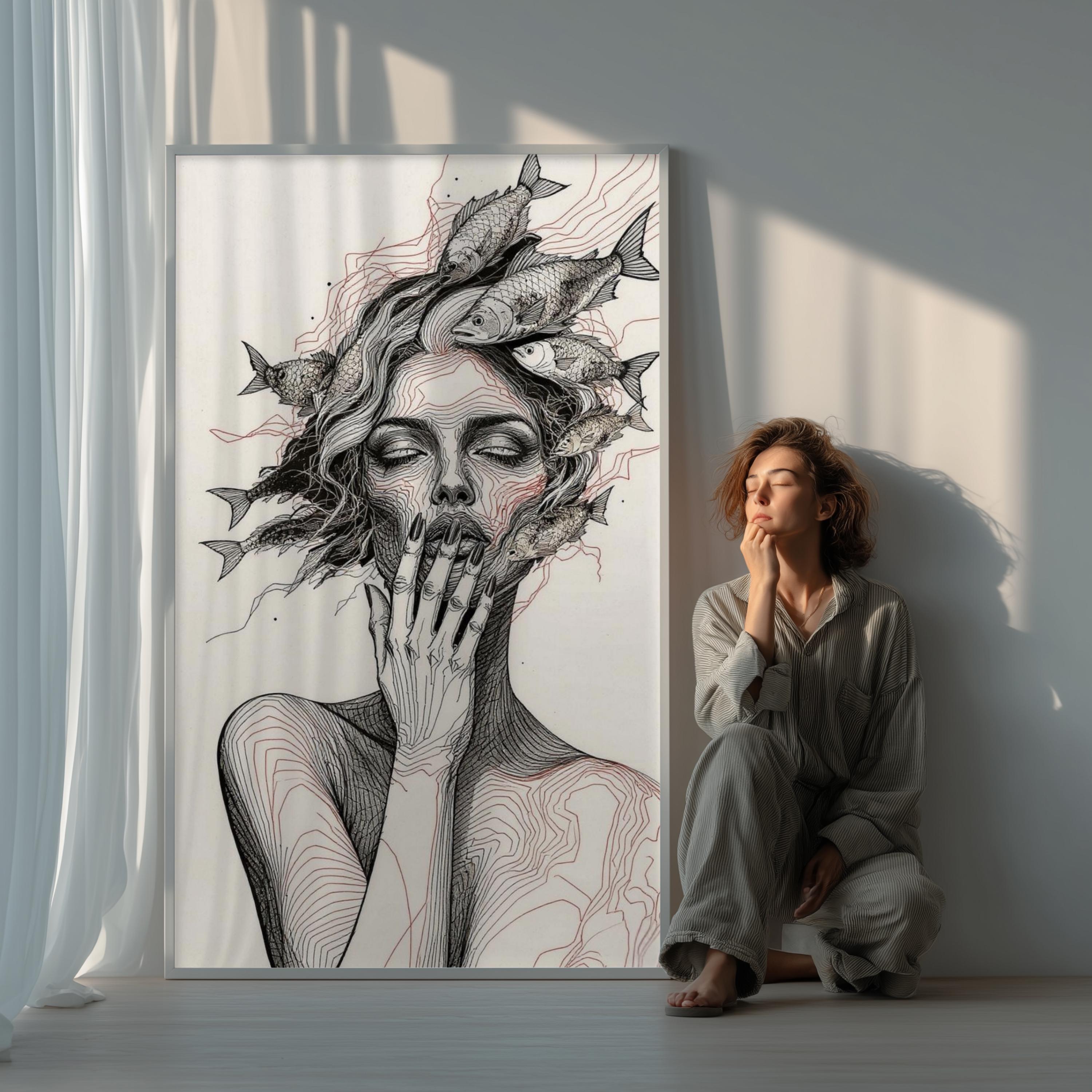 Modern Surreal Female Portrait Print, Abstract Line Art Wall Decor ...