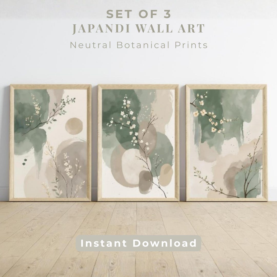 Japandi Wall Art Set of 3 | Neutral Botanical Prints | Sage Green ...