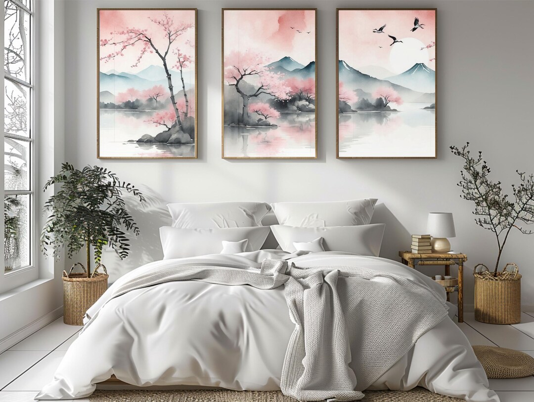 Japandi Cherry Blossom Triptych Wall Art | Set of 3 Continuous ...