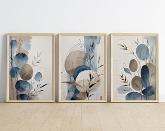 Japandi Abstract Wall Art Set of 3, Neutral Botanical Watercolor Prints, Modern Wabi Sabi Minimal Art, Blue Beige Home Decor
