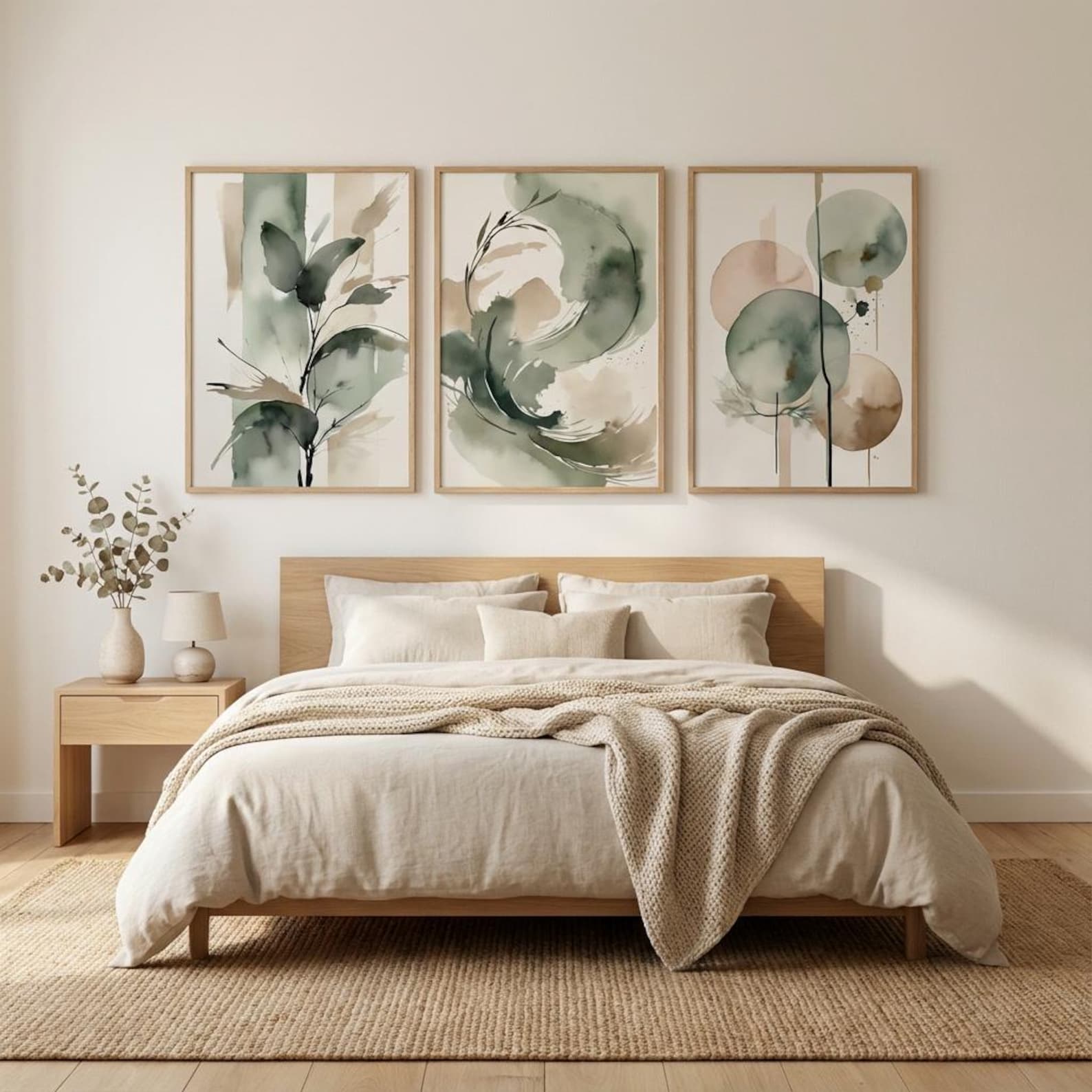 Japandi Wall Art Set of 3, Neutral Botanical Printable Art, Sage Green ...