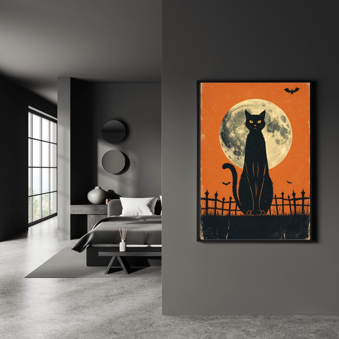 Vintage Halloween Black Cat Wall Art Set of 3 | Retro Spooky Moon ...
