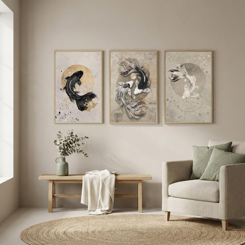 Japandi Koi Fish Wall Art Set of 3, Japanese Zen Printable, Yin Yang ...