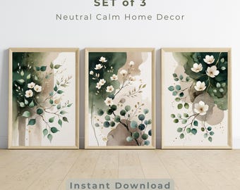 Japandi Wall Art Set of 3, Neutral Botanical Prints, Sage Green Beige Floral Triptych, Minimalist Zen Wall Decor, Printable Wall Art