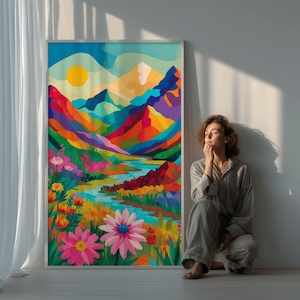 Può includere: Un dipinto di paesaggio incorniciato con una catena montuosa, un fiume e fiori. L'opera d'arte utilizza colori vivaci come rosso, arancione, giallo, blu e verde. Il dipinto è appoggiato a un muro bianco.