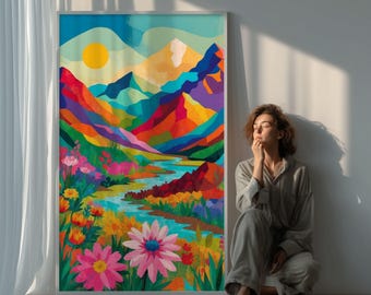 Colorful Mountain Landscape Wall Art – Vibrant Abstract Nature Print, Modern Boho Decor, Digital Download, Bright Floral River Poster