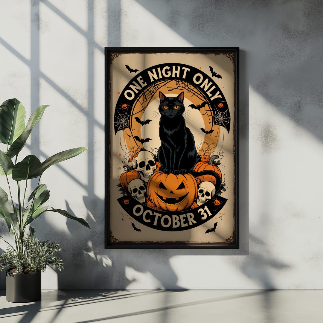 Vintage Halloween Wall Art Print –black Cat on Pumpkin Poster, October ...
