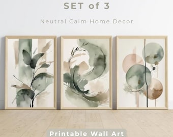 Japandi Wall Art Set of 3, Neutral Botanical Printable Art, Sage Green Minimal Decor, Japanese Zen Wall Art, Modern Living Room Digital Art