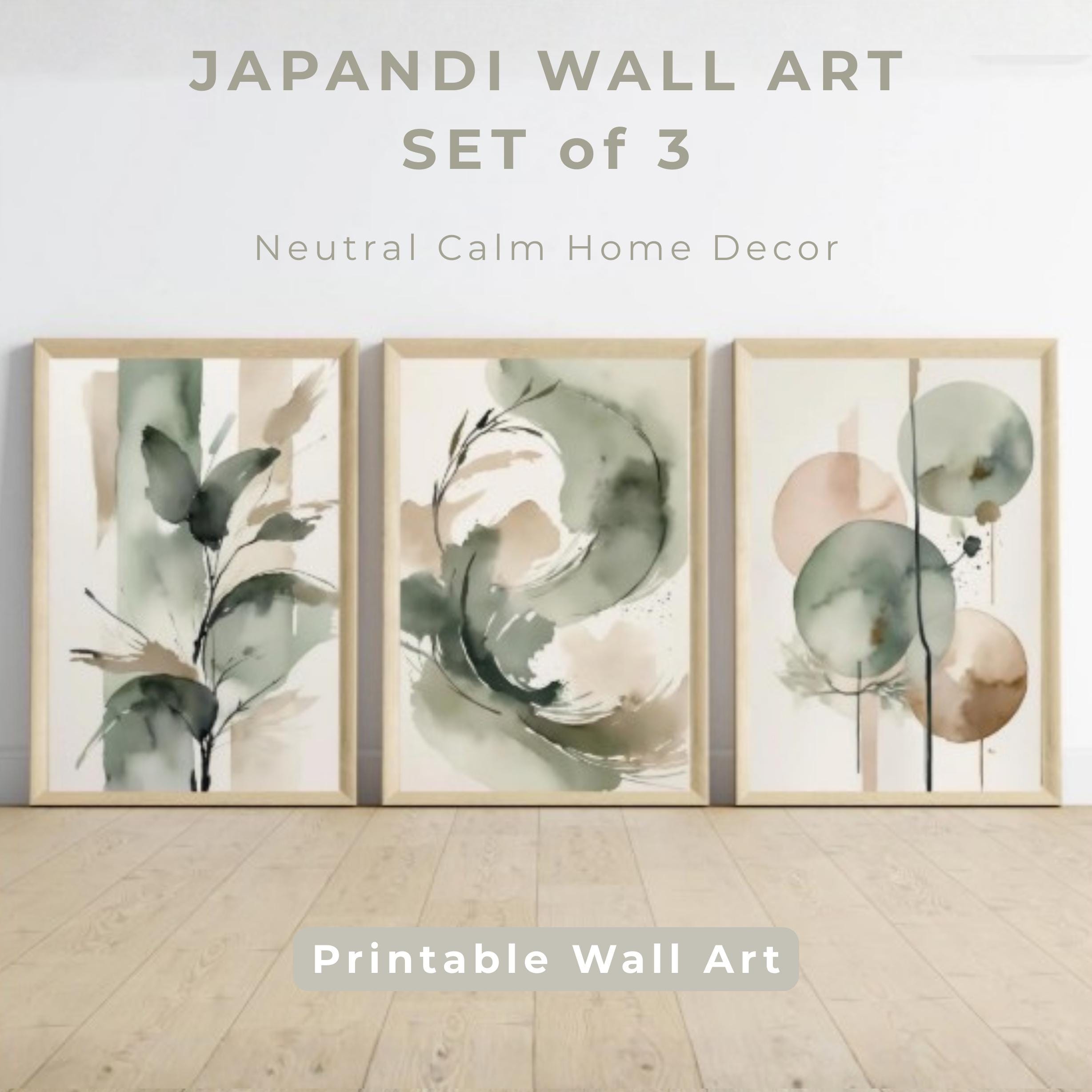 Japandi Wall Art Set of 3, Neutral Botanical Printable Art, Sage Green ...