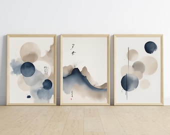 Abstract Ink Wall Art Set of 3, Japandi Minimal Prints, Zen Neutral Art, Wabi Sabi Modern Wall Decor, Digital Download