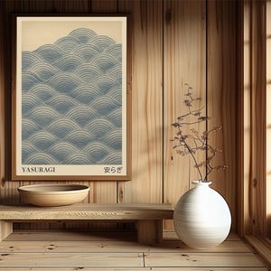 Yasuragi Japanese Wave Wall Art – Tranquil Seigaiha Ink Print – Minimalist Zen Poster in Indigo Blue – Wabi-Sabi Digital Download