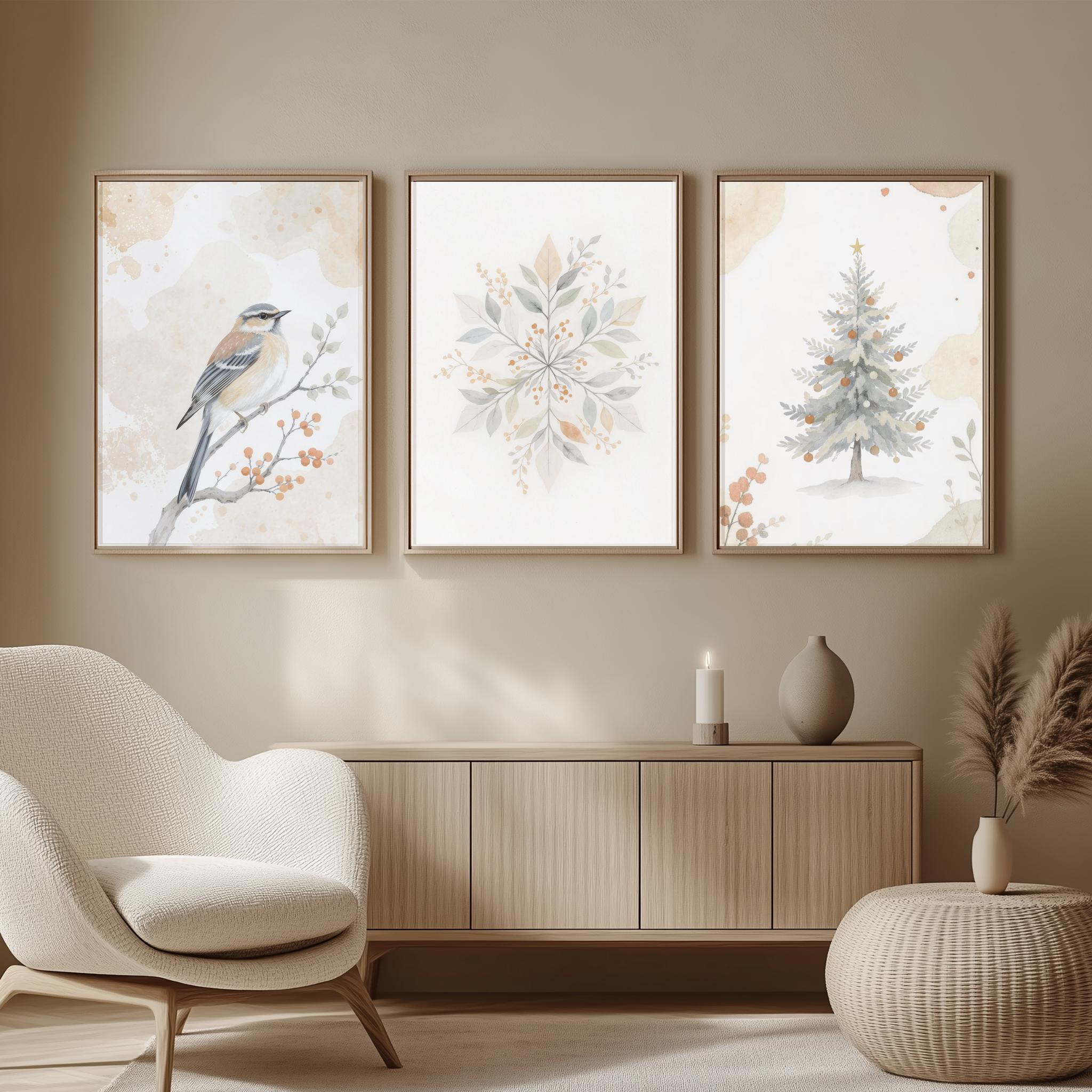 ニュートラルなクリスマス水彩画プリントセット、スカンジナビアの