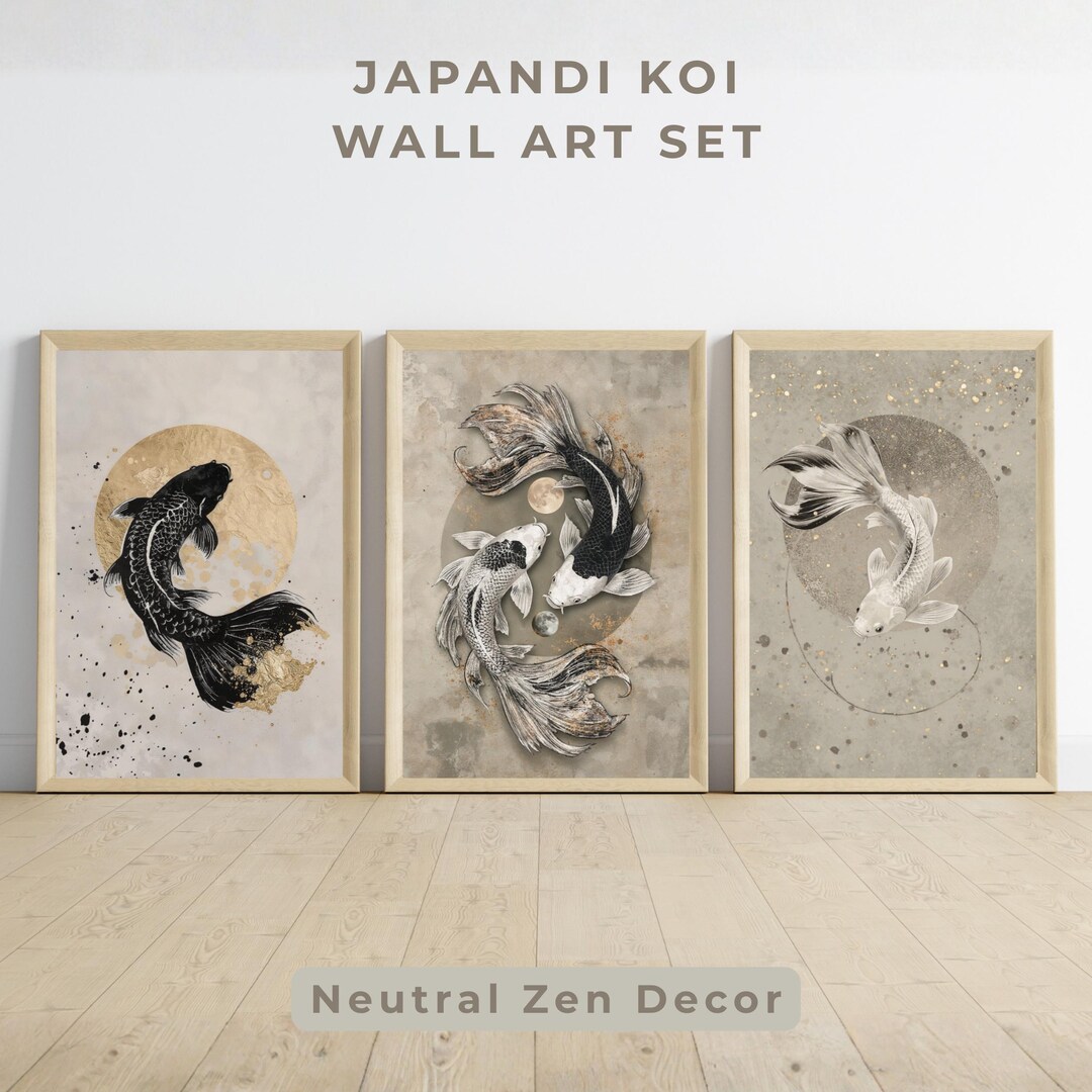 Japandi Koi Fish Wall Art Set of 3, Japanese Zen Printable, Yin Yang ...