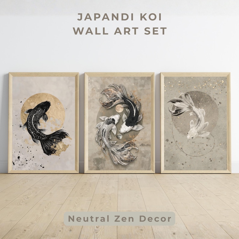 Japandi Koi Fish Wall Art Set of 3, Japanese Zen Printable, Yin Yang ...