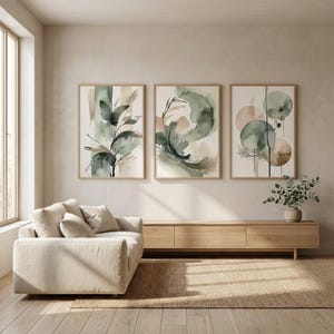 Japandi Wall Art Set of 3, Neutral Botanical Printable Art, Sage Green ...