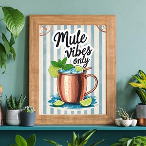 Moscow Mule Wall Art Set of 4 Fun Copper Mug Cocktail Prints, Retro Blue Lime Bar Decor – Summer Drink Kitchen Art, Retro Style Bar Posters