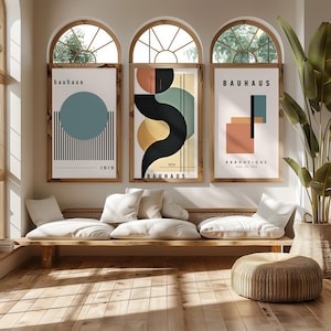 Set of 3 Bauhaus Abstract Wall Art  Prints, Poster Set, Gallery Wall Art Set, Modern Geometric Prints, Minimalist Mid-Century Poster Trio