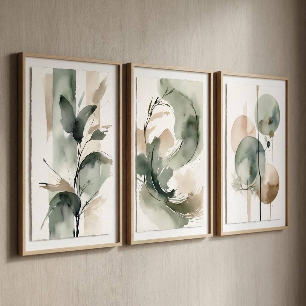 Japandi Wall Art Set of 3, Neutral Botanical Printable Art, Sage Green ...