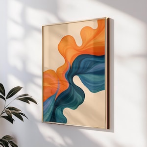 Orange & Blaue Abstrakte Wandkunst - Japandi inspirierter fließender Pinselstrich Druck – Minimalistischer moderner digitaler Download – Beige Hintergrund