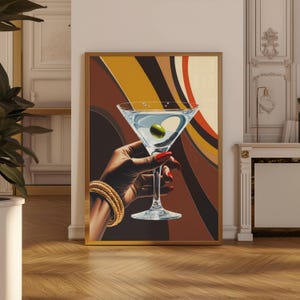 Retro Martini Wall Art, Vintage Cocktail Illustration with Olive, 70s Glam Bar Decor,Mid Century Modern Drink Print,Digital Download Wallart