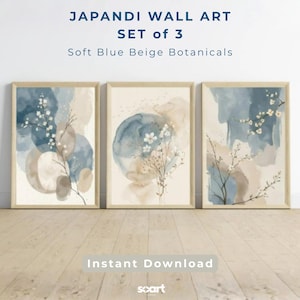 Japandi Wall Art Set of 3, Neutral Botanical Watercolor Prints, Blue Beige Floral Triptych, Minimal Interior Decor, Digital Download