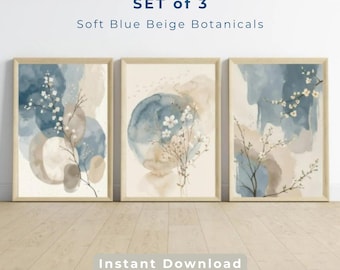Japandi Wall Art Set of 3, Neutral Botanical Watercolor Prints, Blue Beige Floral Triptych, Minimal Interior Decor, Digital Download