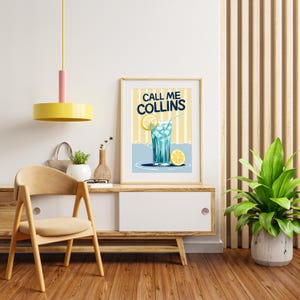 Tom Collins muurkunst set van 4 – leuke prints met cocktailcitaat – retro blauwgele bar decor – Call Me Collins poster – zomerdrankje keukenkunst