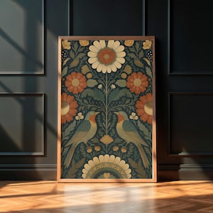 Folk Art Bird Wall Art Printable – William Morris Style Floral Poster – Vintage Symmetrical Nature Print –Rustic Digital Download Home Decor