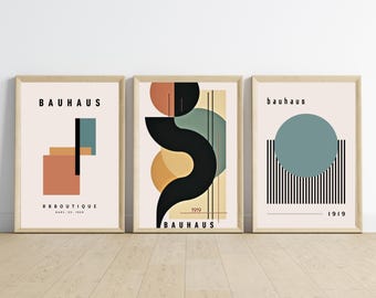 Bauhaus inspirierte Wandkunst 3er-Set, Abstrakte geometrische Drucke, Mid Century Modern Poster, Wohnzimmer Büro Dekor, digitale Kunst