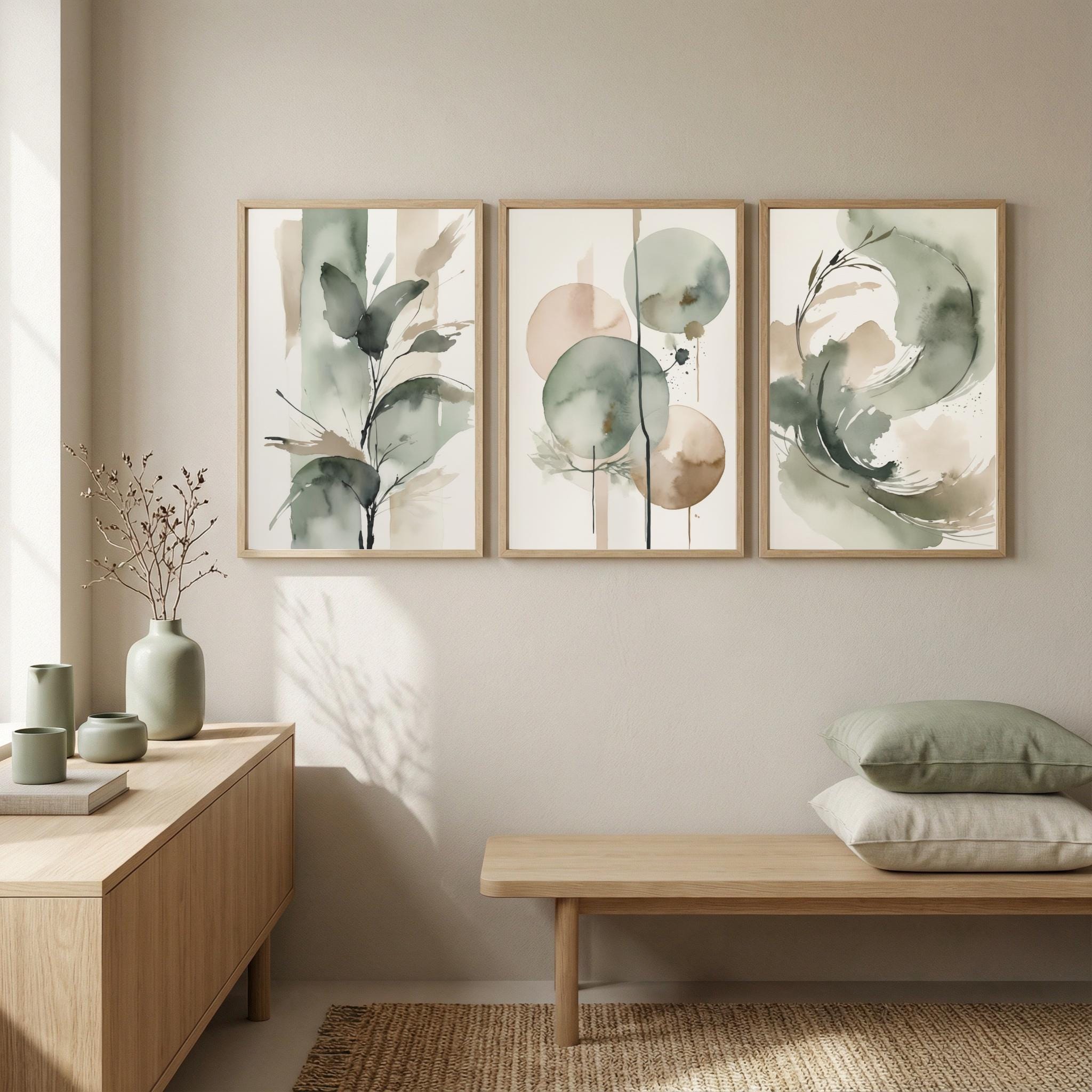 Japandi Wall Art Set of 3, Neutral Botanical Printable Art, Sage Green ...