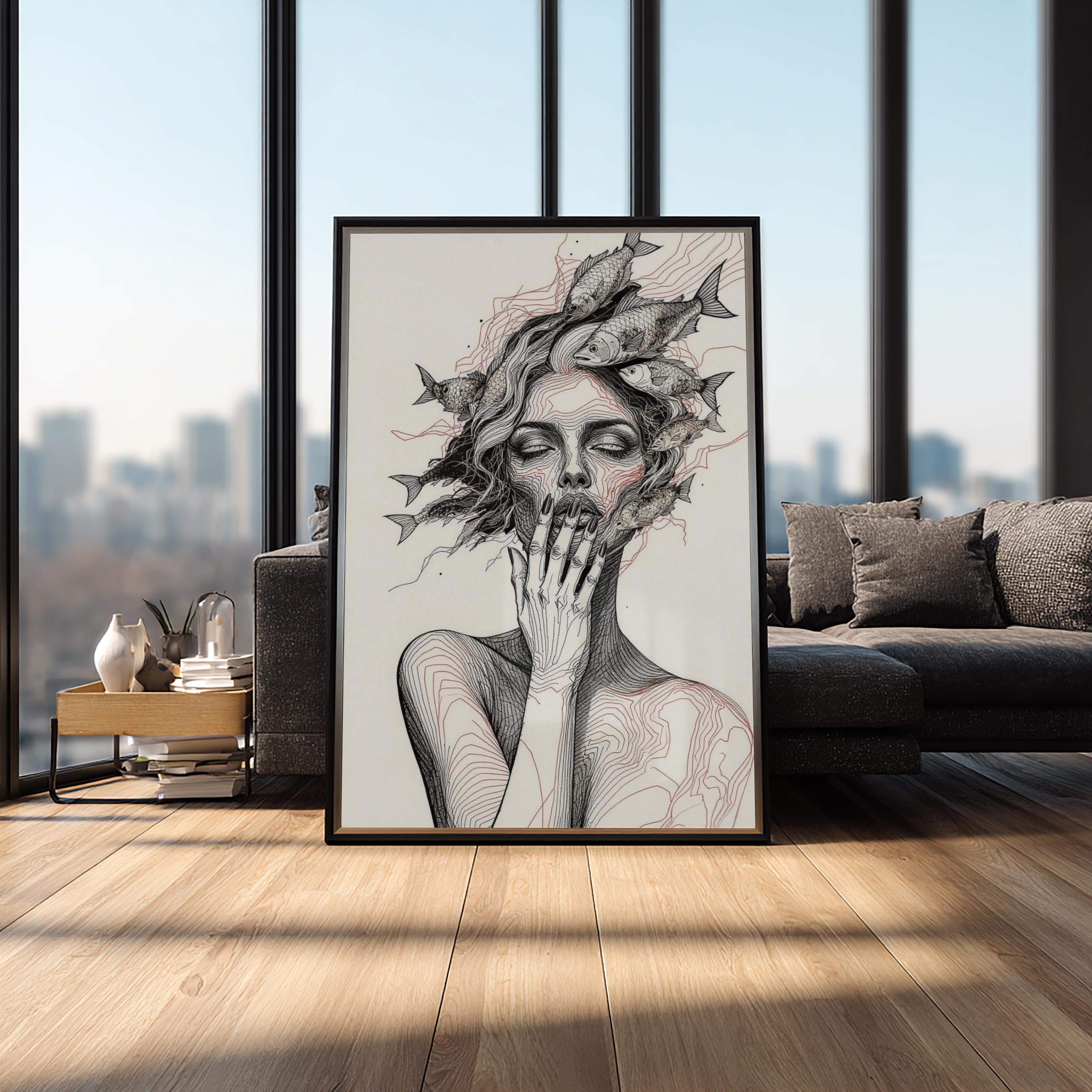 Modern Surreal Female Portrait Print, Abstract Line Art Wall Decor ...