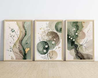 Japandi akvarell botaniskt tryck set med 3: salviagrön abstrakt blomkonst, salviagrön beige väggkonst, abstrakt botaniskt tryck poster set