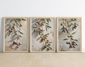 Olive Branch Wall Art Set of 3, Mediterranean Botanical Prints, Japandi Neutral Olive Decor, Rustic Wabi Sabi Wall Art, Digital Download