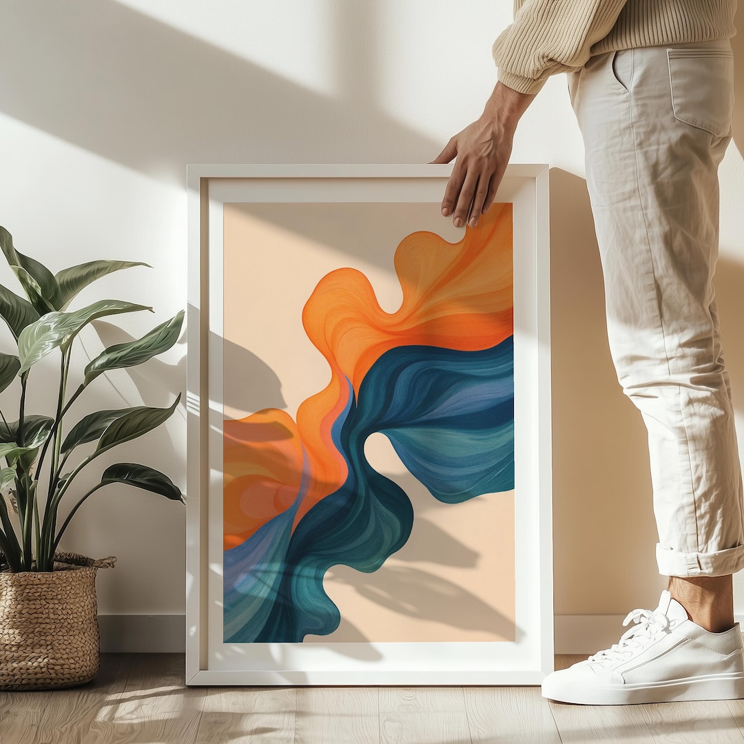 Abstract Modern Wall Art Print Orange Blue, Minimal Fluid Art ...