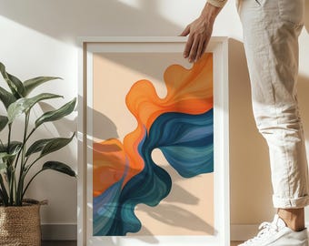 Impresión de arte mural abstracto moderno en naranja y azul, arte fluido minimalista, decoración contemporánea para sala de estar, arte mural imprimible grande, descarga digital