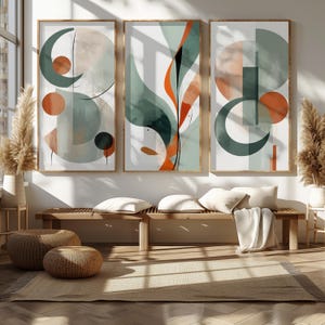 Gebrannte Orange & Salbeigrün Moderne abstrakte Wandkunst, Mid Century moderne Wandkunst, minimalistische Aquarelldrucke, modernes Wohnzimmerdekor