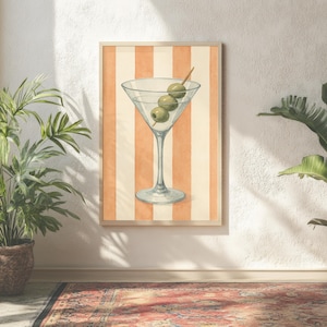 Retro Martini Wall Art Print – Wystrój baru nadmorskiego z lat 60. – Pomarańczowy, pasiasty plakat koktajlowy z akwarelą – Do pobrania w wersji cyfrowej – Wydruk cyfrowy