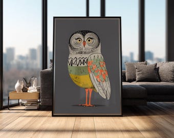 Printable Owl Wall Art, Mid Century Retro Bird Illustration, Boho Animal Poster for Nursery Wall Decor, Digital Download Artwork
