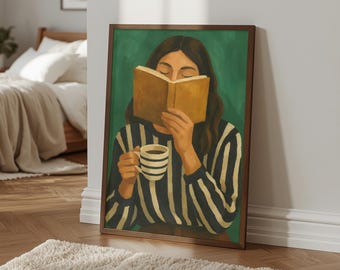 Femme lisant un livre d'art mural, illustration de café confortable, impression d'art amateur de livres, peinture figurative moderne, décoration de maison de bureau de café, art numérique