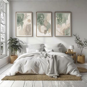 3er Set Florale moderne Japandi Wandkunst, beruhigendes und gelassenes digitales Design, Japandi Salbei grüner abstrakter Kunstdruck, modernes Zen Wallart-Dekor