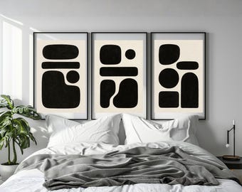 Set di 3 quadri astratti giapponesi / Trittico di forme nere minimaliste / Arte moderna stampabile Wabi-Sabi / Decorazione neutra scandinava