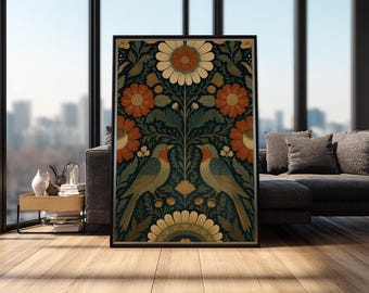 Scandinavian Folk Art Birds – Nordic Floral Wall Art Print, Vintage Botanical Pattern (Rust & Sage), Printable Digital Download