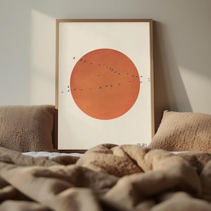 Art mural soleil japonais, affiche zen minimale avec oiseaux, décoration murale Japandi, impression d'art Wabi Sabi, décoration de bureau de café moderne