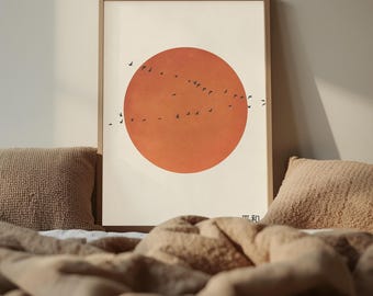 Japanese Sun Wall Art, Minimal Zen Poster with Birds, Japandi Wall Decor, Wabi Sabi Art Print, Modern Cafe Office Home Decor