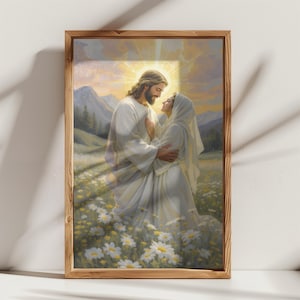 Jesus and Bride in Field Wall Art – Spiritual Oil Painting Style Print – Christian Romantic Faith Decor – Heavenly Light Digital Download