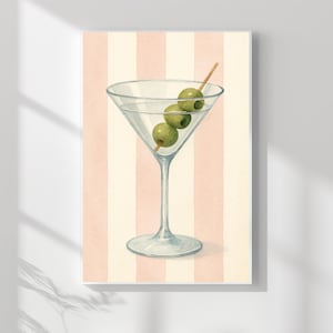 Retro Martini Wall Art Print – Wystrój baru nadmorskiego z lat 60. – Różowy plakat koktajlowy w paski akwarelowe – Do pobrania w wersji cyfrowej – Wydruk cyfrowy