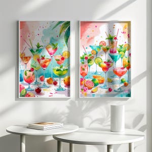 Aquarell Cocktail Wand Kunst Set – Bunte Sommer Drink Prints, Bar Dekor, Tropische Getränke Illustrationen – Küche oder Hausbar Art