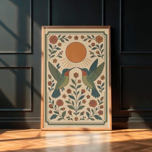 Scandinavian Folk Art Hummingbird Print – Boho Floral Wall Art with Sun – Earthy Tones Vintage Nature Decor –  Mid Century Style Poster