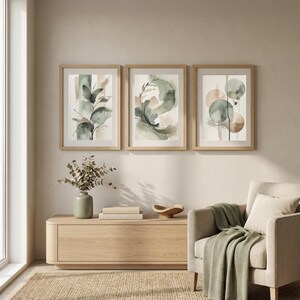 Japandi Wall Art Set of 3, Neutral Botanical Printable Art, Sage Green ...